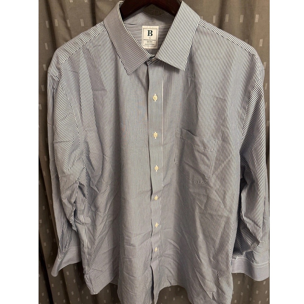 Brooks Brothers Non-Iron Dress Shirt Mens 17 32/33 Blue White Striped Cotton